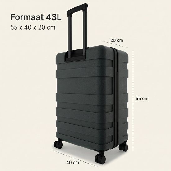 Formaat 43L: 55 x 40 x 20 cm. Donkergroene koffer met afmetingen.
