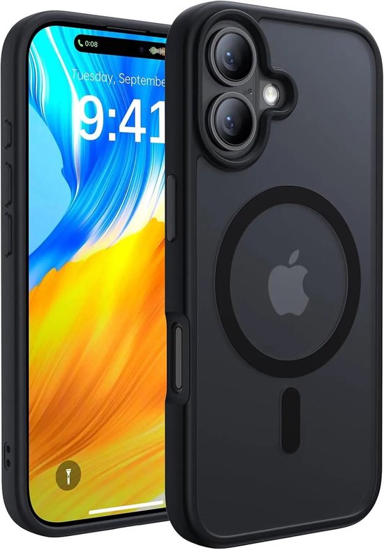 Zwarte matte telefoonhoes met Apple logo, magnetische cirkel en twee camera's.
