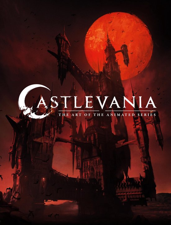 Castlevania: L'Art de la Série Animée. Un château sombre devant une lune rouge sang avec des chauves-souris volantes.