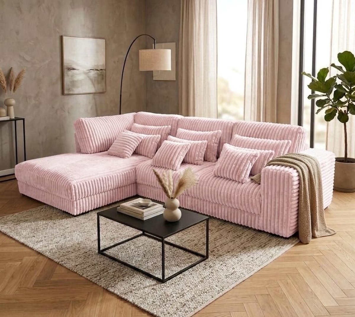 hoekbank mana- lounge links- ultra dikke ribstof pink- hoeksalon roze