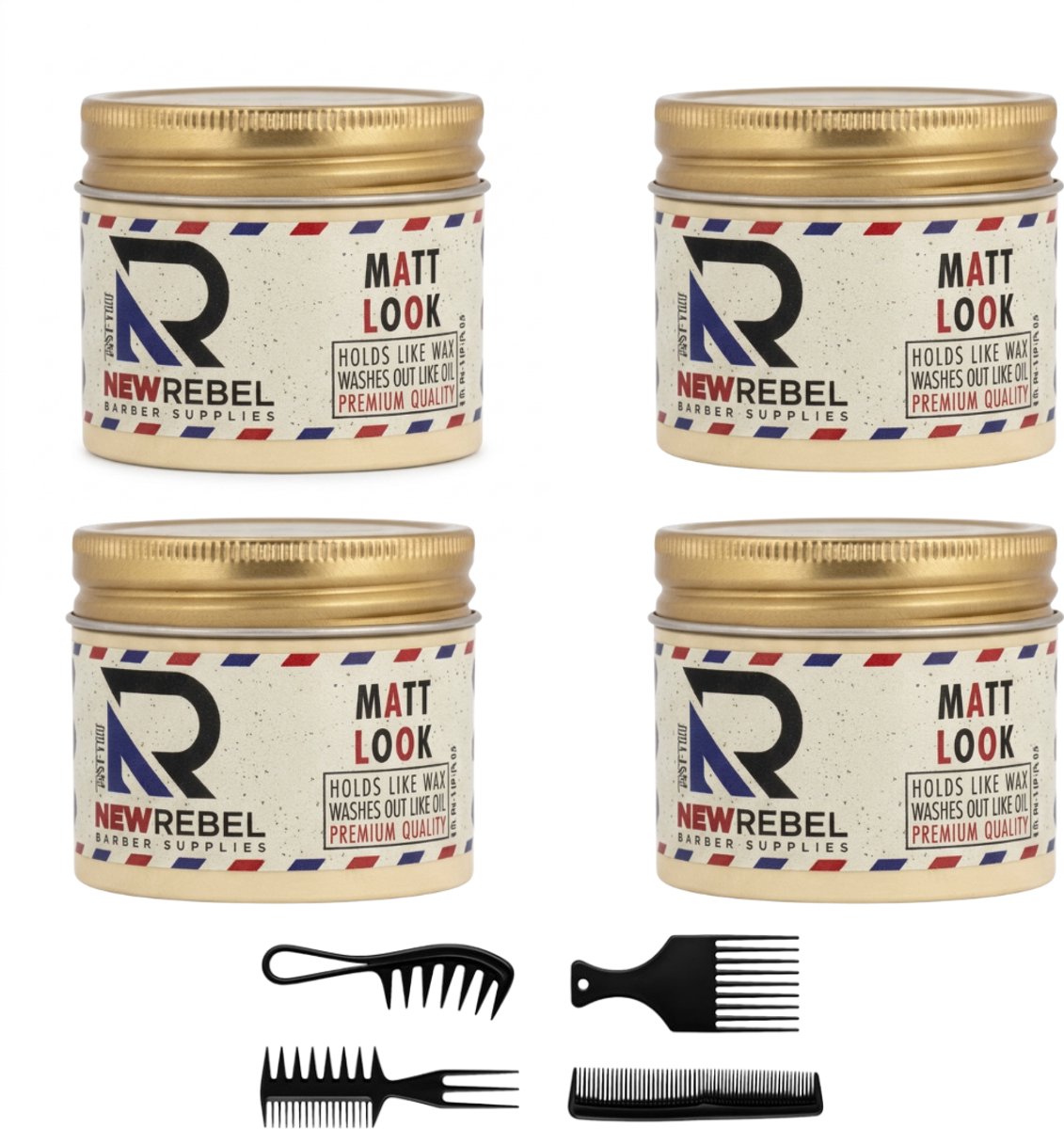New Rebel Matt Look Haarwax – Matte Finish – Sterke Hold – Makkelijk Uitwasbaar – 4 x 125 ml + Stylingkam – Haarwax Mannen