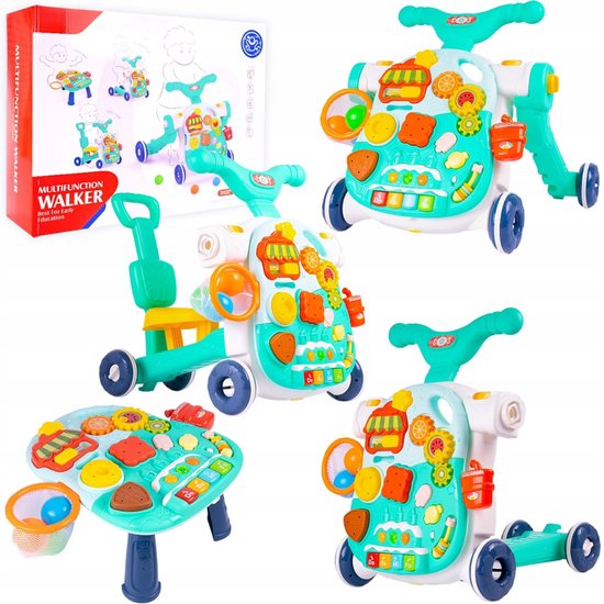 Collage van een turquoise multifunctionele looptrainer in vier verschillende opstellingen, inclusief de verpakking.