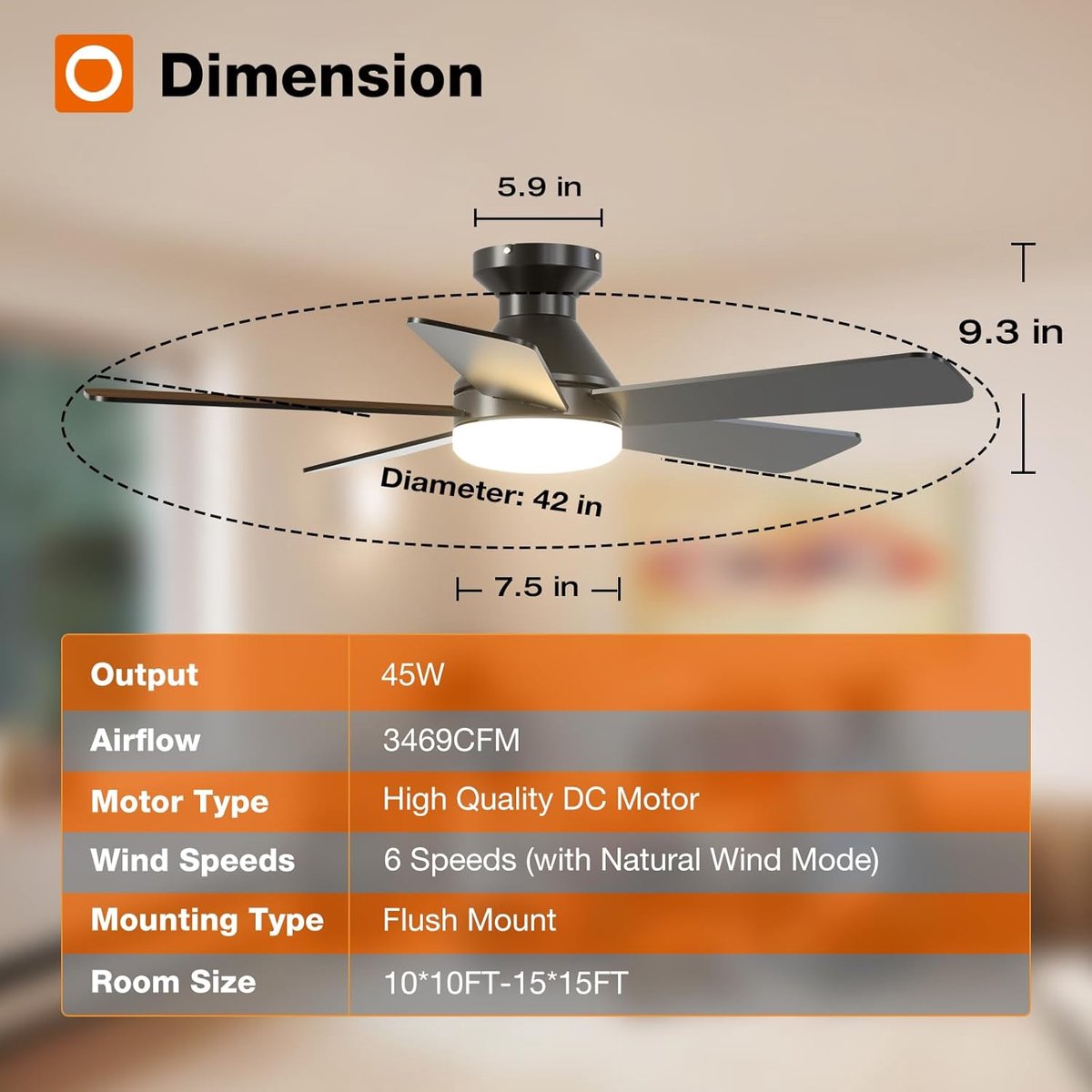 Plafondventilator 5 blad Ø105cm zwart - stille ventilator – memory - 2 kleuren bladen - top kwaliteit - energie zuinig – met remote - ventilator voor laag plafond - 6 snelheden – beste alternatief voor airco - zomer en winter stand – foto 5