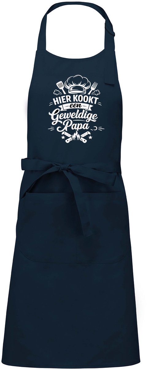 mijncadeautje - luxe schort - hier kookt een geweldige papa - navy / blauw - opdruk wit