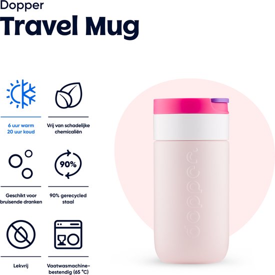 Lichtroze Dopper thermosbeker met fuchsia-paarse dop en informatie over warm, koud, bruisend, lekvrij, 90% gerecycled staal en vaatwasserbestendig.