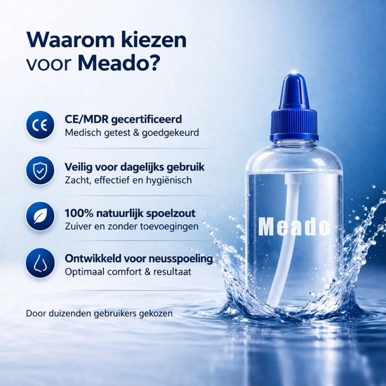 Meado neusdouche in opspattend water. CE/MDR gecertificeerd, veilig, 100% natuurlijk spoelzout. Ontwikkeld voor neuspoeling.