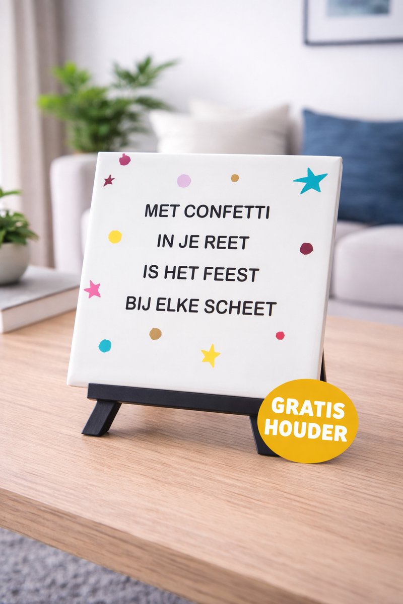 Troubadot | Tegeltje met tekst | Met confetti in je reet is het feest met elke scheet | inclusief tegelhouder | zwart | confetti | spreuktegel | tegel met quote | tegeltjeswijsheden | cadeau | humor