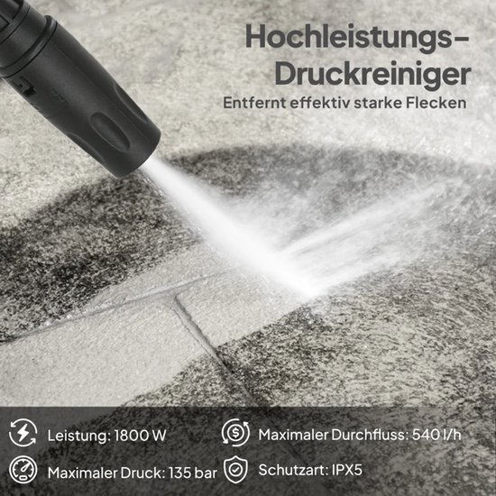 Hogedrukreiniger met 5-delige Accessoires - 1800W - 135 bar - 540 l/h - Incl. 5m Slang, Verstelbare Spuitstukken en Accessoires - Auto Was Set - Terrasreinigers - Hogedrukspuit - Geel+Zwart van Merkloos	 — afbeelding 5
