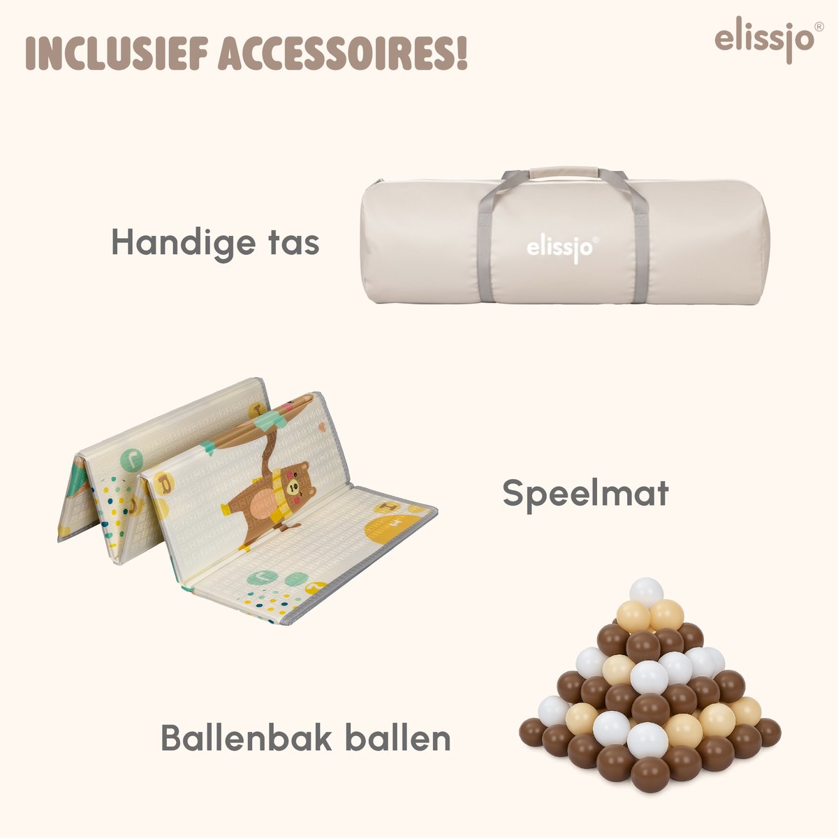Elissio® - Grondbox Baby - Inklapbare Speelbox met Dubbelzijdige Speelmat & 50 Ballen - Kruipbox - Kinderbox - Playpen Baby - 125x125x65 CM - Beige – foto 6