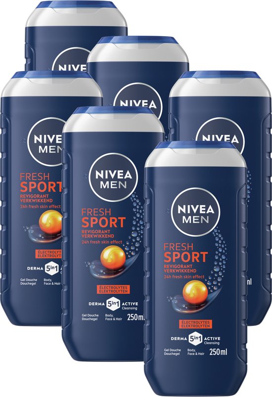 Groep van vijf flessen NIVEA MEN Fresh Sport douchegel in een donkerblauwe kleur met oranje en witte details.