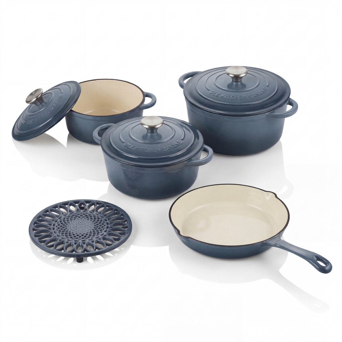 Geëmailleerde gietijzeren pannenset blauw 8-delig, C&E Kitchenware