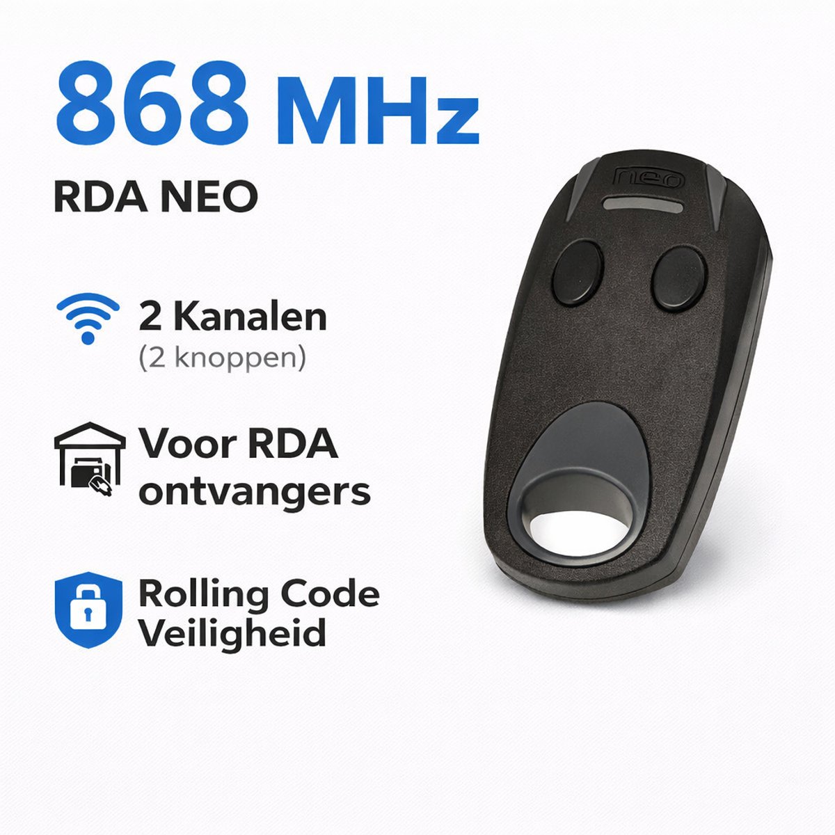 RDA NEO Handzender - 2-Kanaals 868 MHz - Zwart - Voor Aandrijvingen van het merk RDA