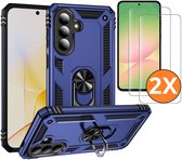Hoesje Geschikt voor Samsung Galaxy A57 4G / 5G Hoesje Blauw Anti-Shock Hybrid Armor hoesje Met Draaibare Ring Houder - Samsung A57 Screenprotector 2 pack