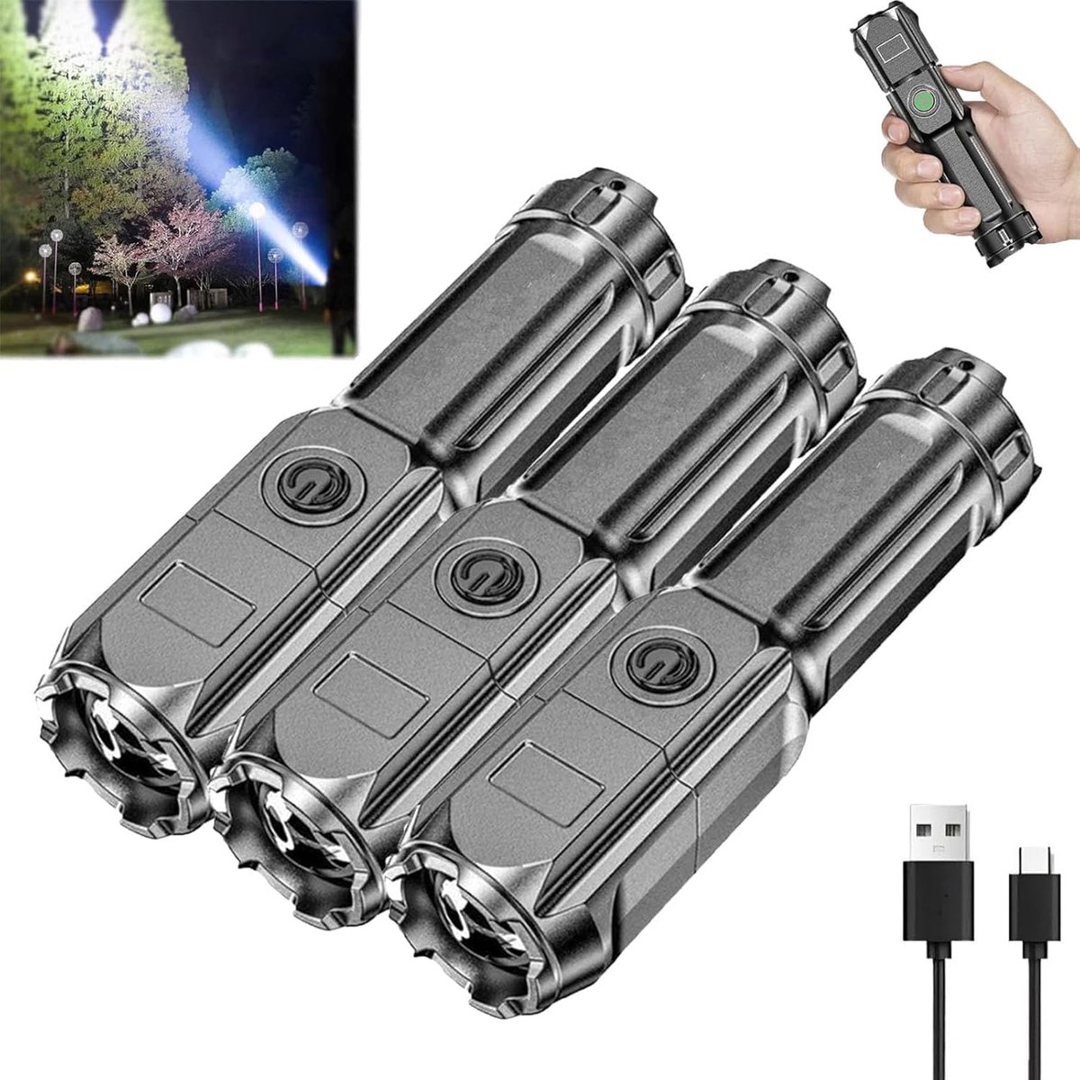 3-pack superheldere tactische LED-zaklamp – Oplaadbaar & zoombaar-Belle's product