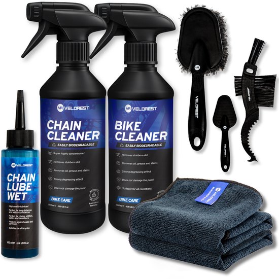 Velorest Fiets Schoonmaak Set - Fiets Onderhoud - Fietsketting Reiniger Set - Kettingreiniger fiets - Ontvetter Fiets - Bike Cleaner - Chain Cleaner - Chain Lube - Ketting Wax - Inclusief Borstels en Microvezeldoeken