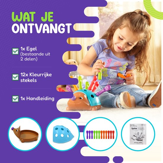 Kind speelt met speelgoed-egel. De doos toont 'Wat je ontvangt': 1x Egel, 12x Kleurrijke stekels, 1x Handleiding.