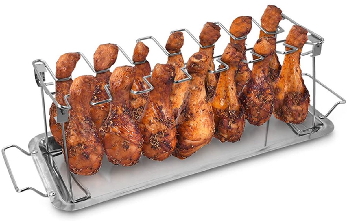 BBQBuddies® Kippenvleugelhouder RVS – Kiphouder voor BBQ & Oven – 14 Kippenpoten – Inclusief Opvangschaal – Kamado BBQ Accessoire – Vaatwasserbestendig