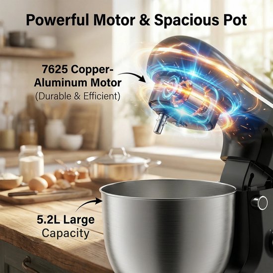 ACEP 60° Draaibare mixer - 5L - 1500W - Zwart - Mixer - Mixer met mengkom - Kitchenaid - Kitchenaid keukenmachine - Keukenmachine van Merkloos — afbeelding 4