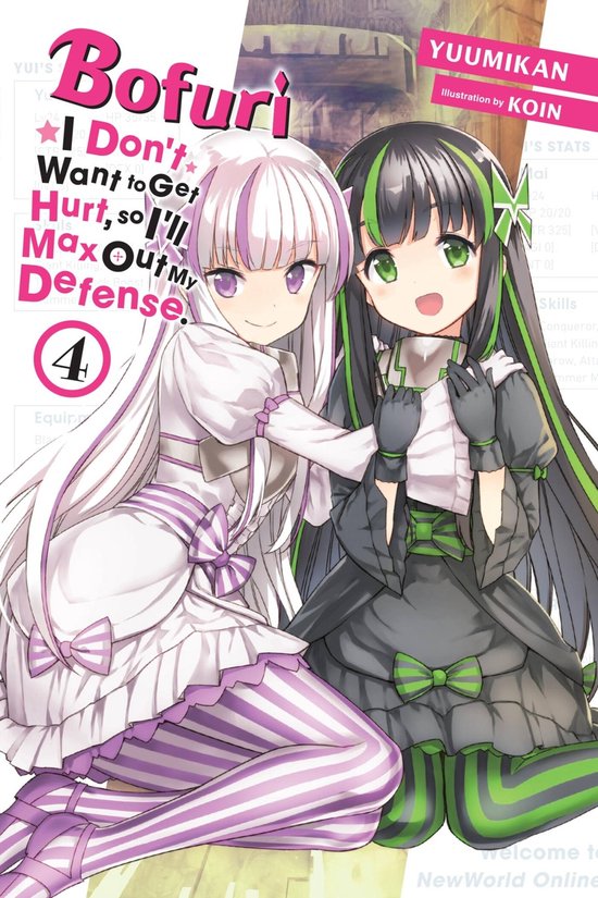 Twee anime meisjes in witte en zwarte jurken, met paars-wit en groen-zwart haar. "Bofuri" is prominent in roze letters.