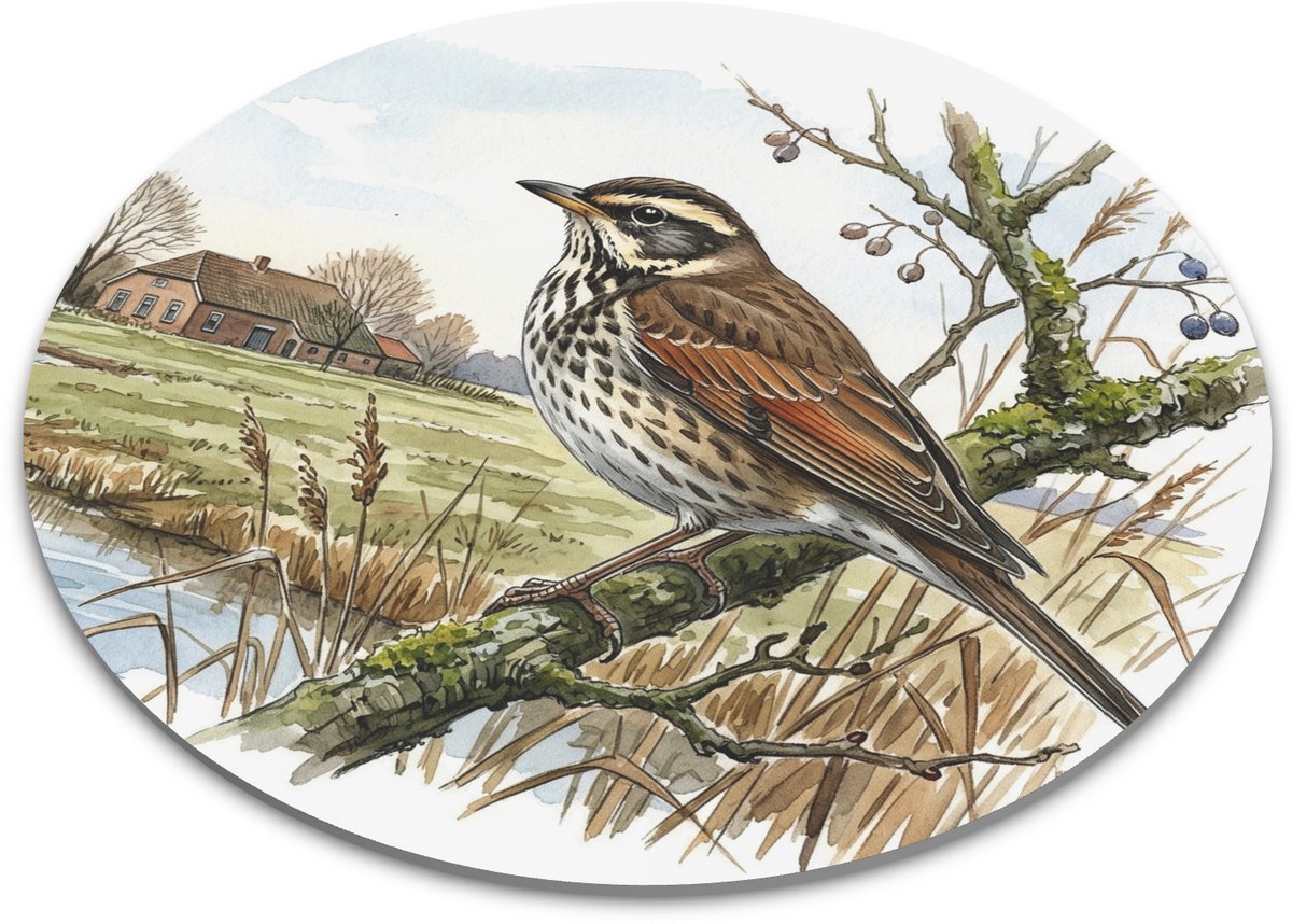 Ronde Muismat Bruine Lijster Vogel Polder Boerderij Landschap - Aquarel Series Hollandse Natuur Mat - Presentje voor hem & haar: Vrouw, Vriend(in) & Collega - Dieren Bureau Onderlegger - Computer Accessoire Vogelspotter Werkplek