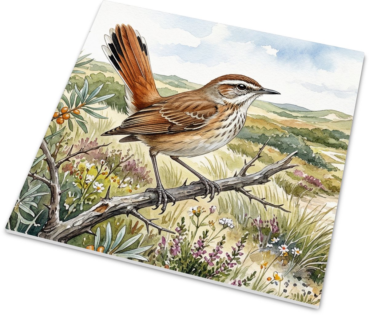 Roetvliegenvanger in Heide en Duinlandschap - Aquarel Series - Tuinvogel Muurdecoratie - T