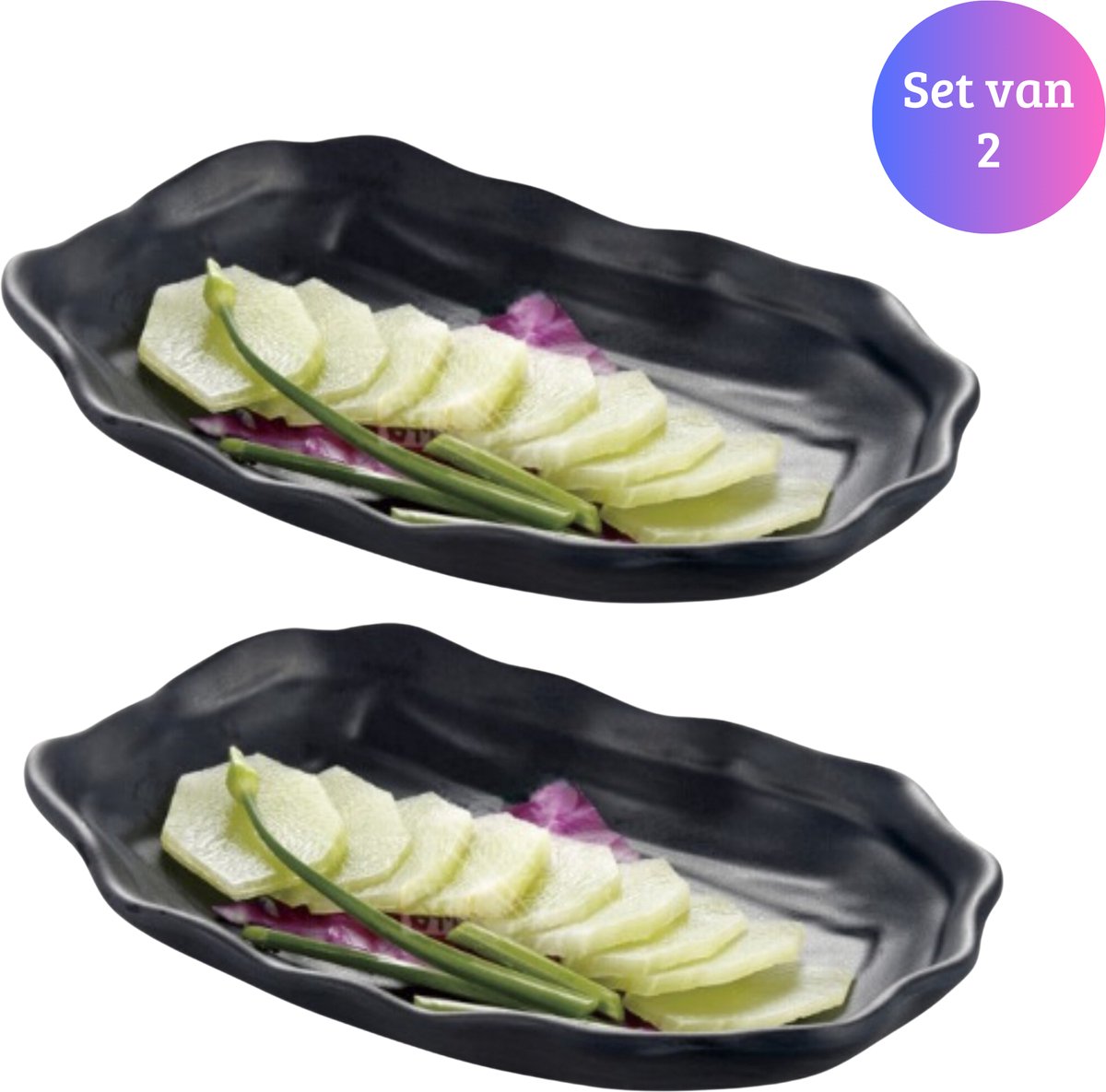 Janse® Sushi servies set van 2 ovaal - Sushi schalen zwart - Sushi serveer set - Restaurant keramisch servies set - Fruitschaal - Keramiek - Sushi borden - Sushi set - Serveerschalen - Hapjes - Tapas