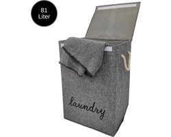 Janse® Wasmand grijs met zwart - Stevige opvouwbare wasmand met deksel - 81 Liter - Met handvatten - Laundry basket - Badkamer organizer - Opbergbak - Ruime wassorteerder