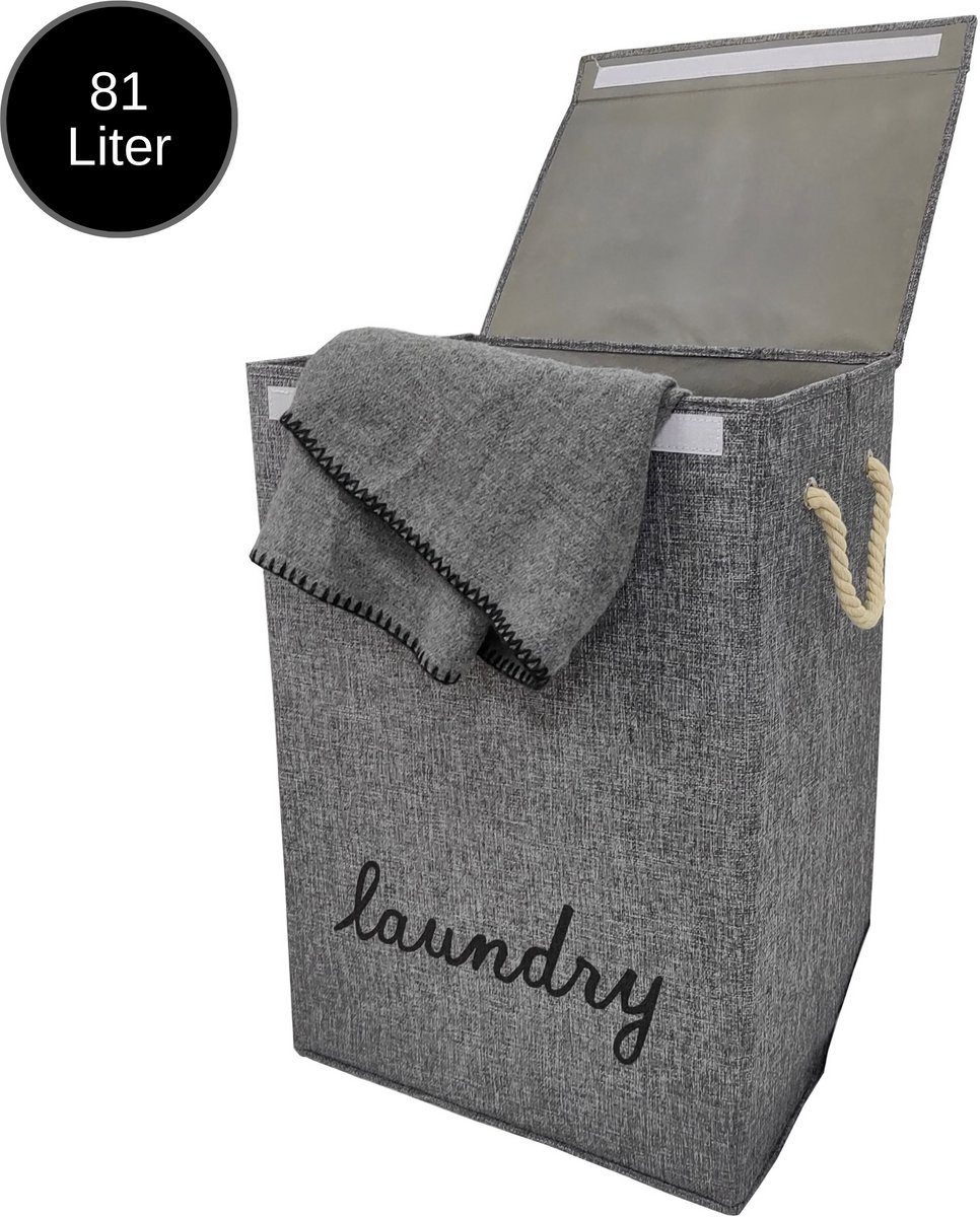 Janse® Wasmand grijs met zwart - Stevige opvouwbare wasmand met deksel - 81 Liter - Met handvatten - Laundry basket - Badkamer organizer - Opbergbak - Ruime wassorteerder