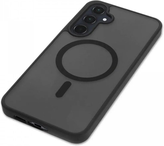 Zwarte, matte hoes met magneetcirkel en camera-uitsparing.