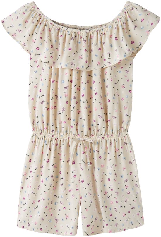 Off-shoulder playsuit met bloemenprint in crème met roze en blauwe bloemetjes, met strikceintuur.