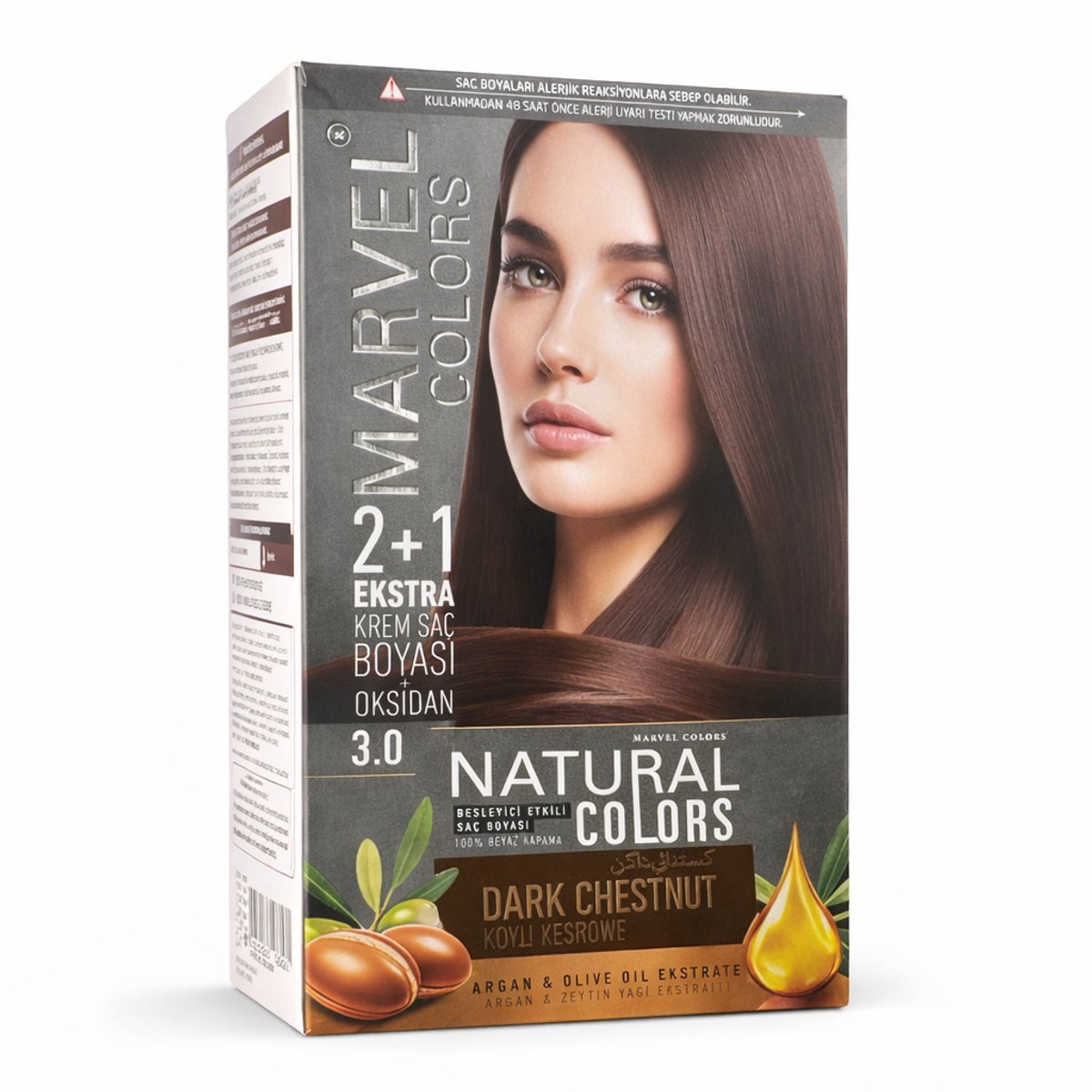 Marvel Natural Colors 3.0 Donker Kastanjebruin Permanente Crème Haarverf 2+1 Set – Met Arganolie en Olijfolie Extract, Intense Glans, 100% Grijsdekking