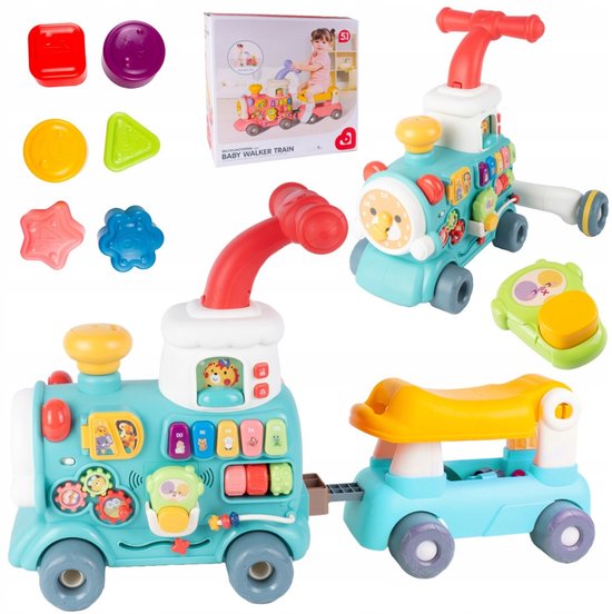 Playos® - Looptrainer Trein - Blauw - met Licht & Geluid - Vormen Sorteren - Dieren - Kleuren - Vormenstoof - Leren Lopen - Baby Speelgoed - Kraamcadeau