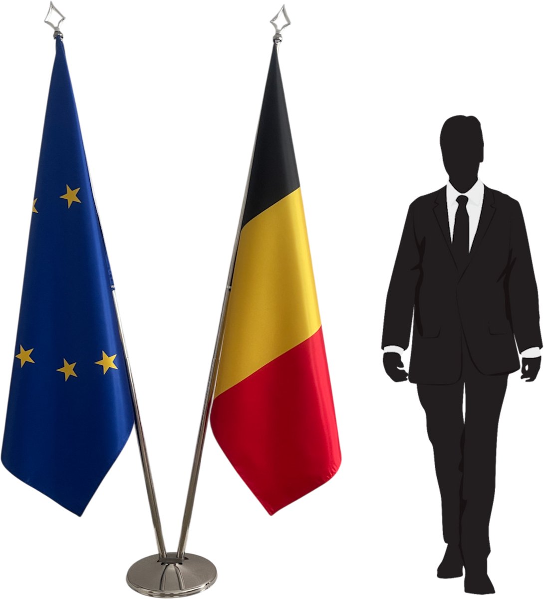 Officiële Belgische en EU vlaggen set met standaard RVS – dubbele mast met speerpunt – zware voet Ø 360 mm (3 kg) – telescopisch tot 2,5 m – 2x 100x150 cm dubbelzijdig
