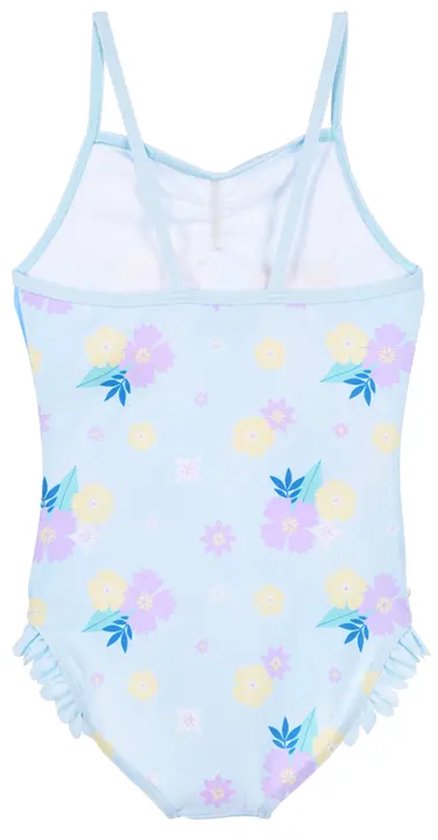Lichtblauw badpak met een print van gele, paarse en roze bloemen en groene blaadjes. Met ruches aan de onderkant.