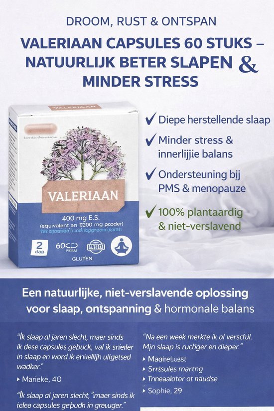 Flesje 'Valeriana' capsules naast tekst over natuurlijke slaap en minder stress. Bevat roze bloeiende boom afbeelding.