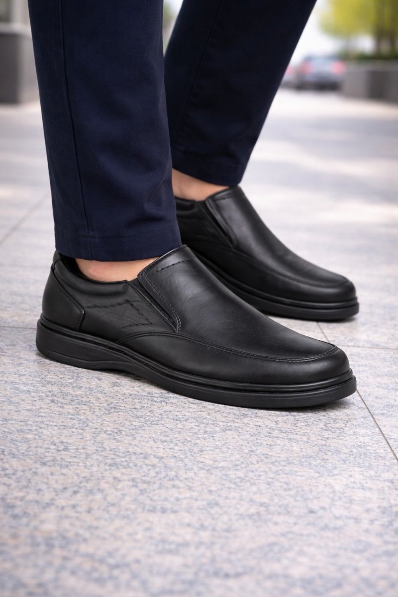 Heren Instappers Echt Leer – Comfort Schoenen Heren – Nette Schoenen – Leren Herenschoenen- Comfort Schoenen voor Mannen 21360- Zwart- Maat 42