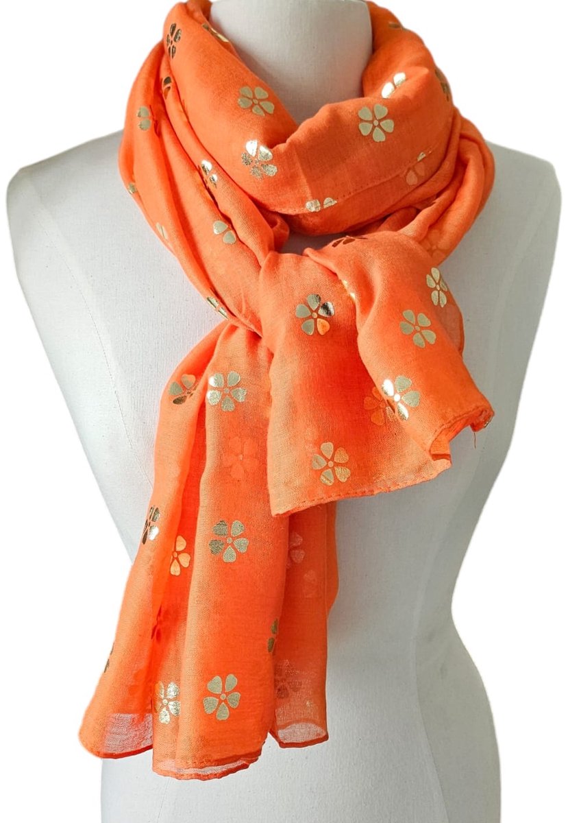 Langwerpige dunne sjaal oranje- goud bloemen print- dunne lente en zomer sjaal- omslagsjaal- | Moederdag cadeau | Koningsdag sjaal