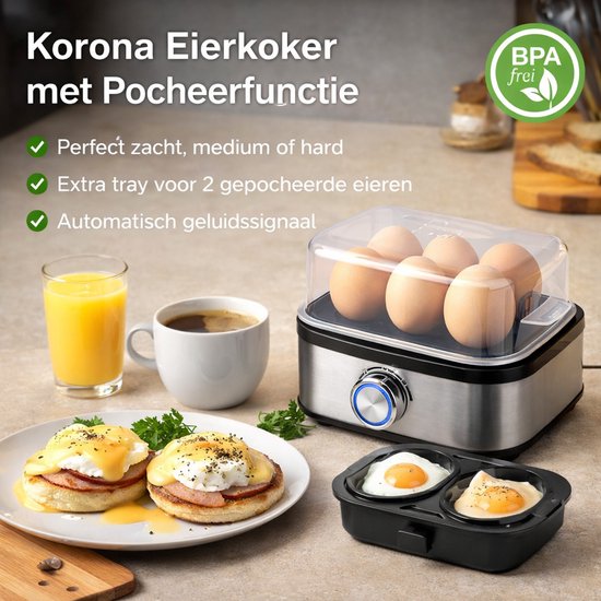 Korona eierkoker met pocheerfunctie, inclusief 6 eieren, 2 gepocheerde eieren, sinaasappelsap en koffie.