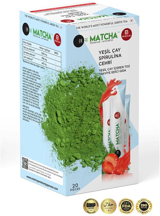 Emballage de matcha avec des fraises, texte 'The World's Most Powerful Green Tea'.