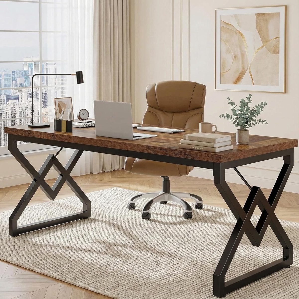 Bureau Hout Metaal - Werkplek Tafel - Thuiswerk Kantoor - Extra Dik Blad - 160x80cm - Rustiek Bruin