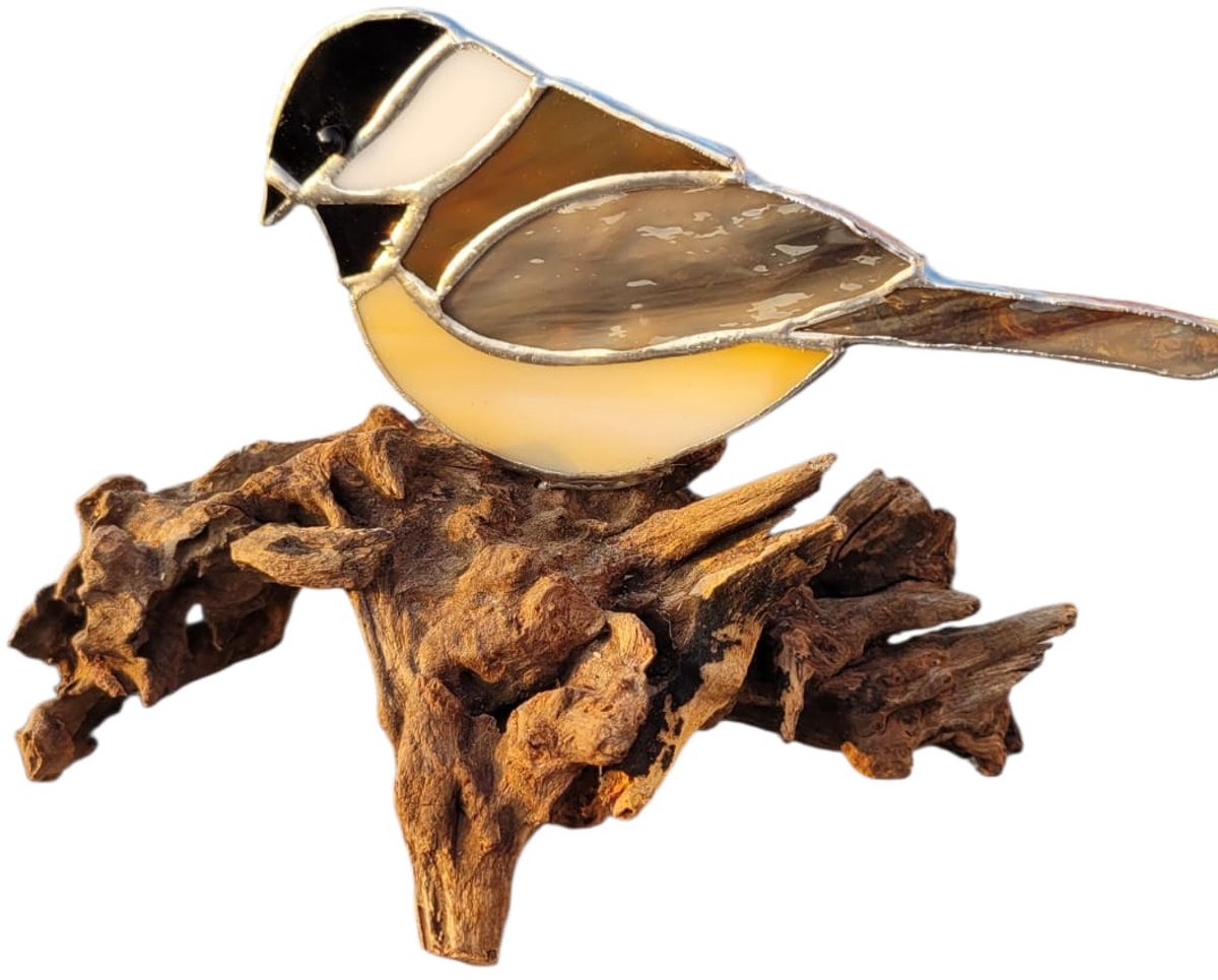 MM deco tiffany musje op houten tak - 6x14x10 cm elk object is uniek handgemaakt - glas en hout