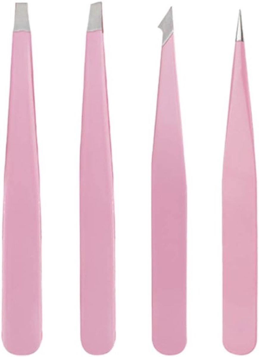 Pincet Set - Ontharingspincet - Gezichtsverzorging - Roestvrij Staal - 4 Stuks - Roze