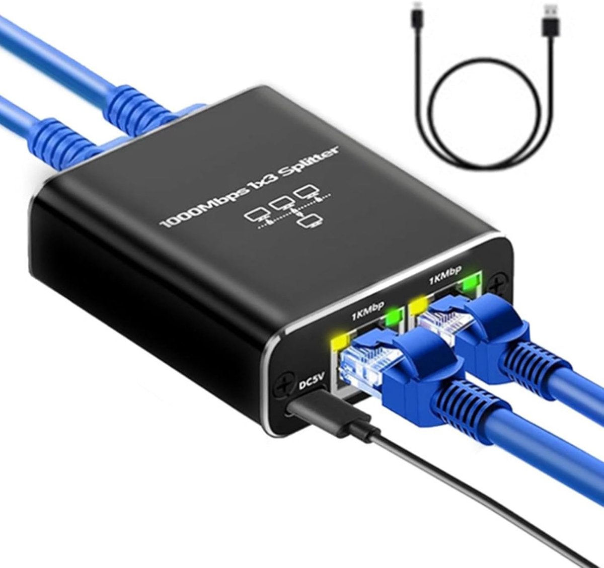 Netwerk Splitter - Ethernet Hub - Netwerk Uitbreiding - 3 Poorten Gigabit - 12x10x3 cm - Zwart