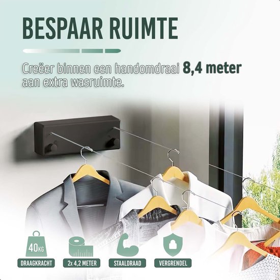 BrightLife Waslijn Uittrekbaar - Uittrekbare Wasdraad - Staalgevlochten - 2x 4,2 meter - Binnen en Buiten – Robuust RVS – Automatisch Straktrek Systeem - Alternatief Wasrek of Droogrek