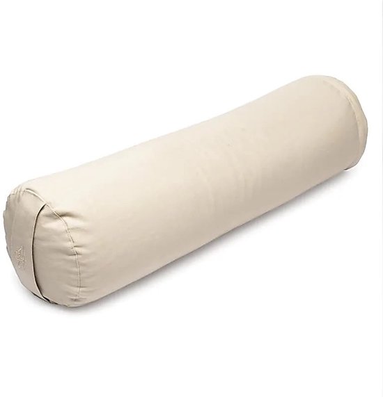 Beige biokatoen yoga bolster met een kleine lotusbloem op de zijkant. 60 cm lang.
