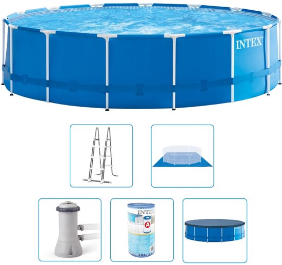 Ronde Intex zwembad inclusief trap, grondzeil, afdekzeil, filterpomp en een extra ronde onderdelenbak.