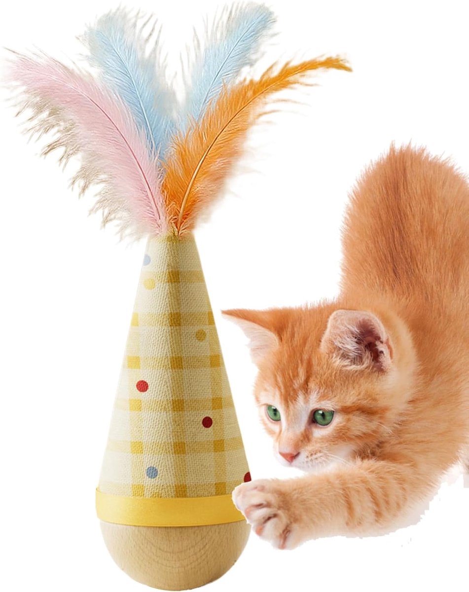 Interactief Kattenspeelgoed - Houten Verrijkingsspel - Spelen Bewegen Likken - Zelfrechtende Bal - 5.5x18cm 5.5x14cm - Houtkleur