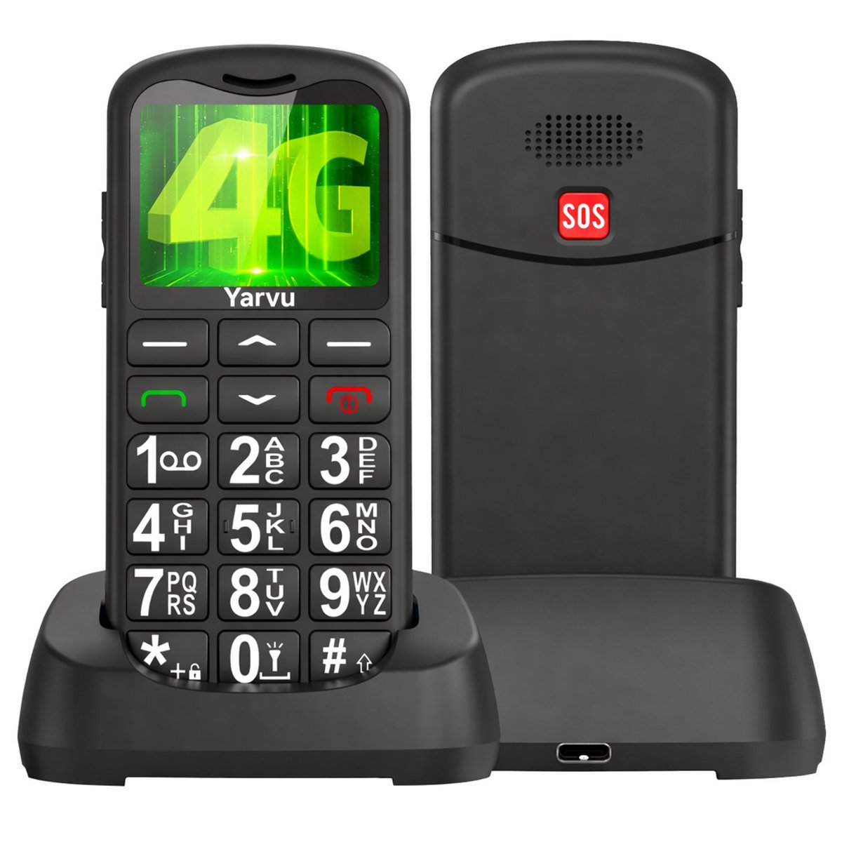 Yarvu - Easy Pro - 4G Senioren Mobiel + Extra Accu + Oplaadstation - Grote Toetsen - Big Button Mobiele Telefoon - Ouderen - Zwart
