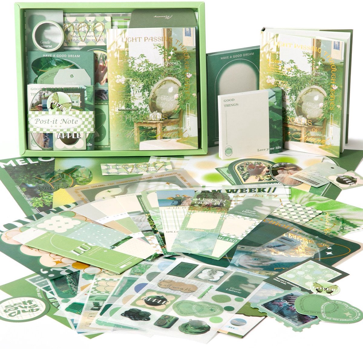 Green Mist Island Poems Stationary Set - Dagboek - Stickers - Scrapbooking - Journaling Set - Stickerboek Volwassenen - Hobbypakket - Scrapbook Stickers - Scrapbook Papier