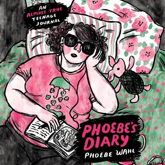 Een illustratie van een meisje met een zonnebril en krullend haar, liggend op een bed met bloemenprint. Ze draagt een roze T-shirt met een paraplu-icoon. De titel 'PHOEBE'S DIARY' staat in grote letters.